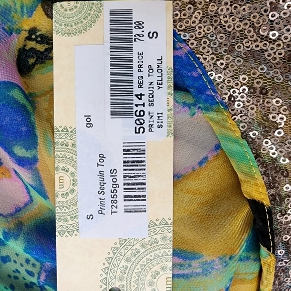 NEW YELLOW URBAN MANGOZ SIZE S, SEQUINS MULTICOLOR BLOUSE FALL SHEER AQUA - Picture 16 of 17